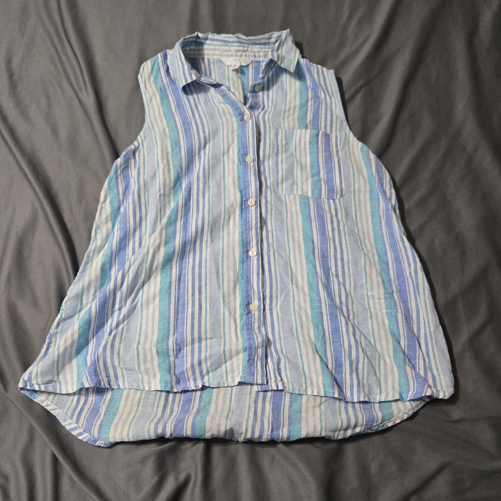 Sleeveless Button Down Shirt Wonder Blue Green Stripe Size Medium Linen Blend
